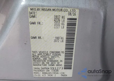 2016 Nissan Altima 2.5 Sr z USA, uszkodzony, nr VIN 1N4AL3AP9GN391273